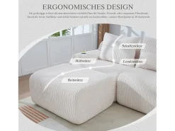 Sofá modular de 3 lugares - 268 x 174 x 80 cm - com 2 pufes + porta-copos + compartimento de arrumação - veludo - bege