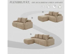 Sofá modular de 3 lugares - 268 x 174 x 80 cm - com 1 pufe + porta-copos + bolso de arrumação - veludo - cáqui