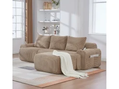 Sofá modular de 3 lugares - 268 x 174 x 80 cm - com 1 pufe + porta-copos + bolso de arrumação - veludo - cáqui