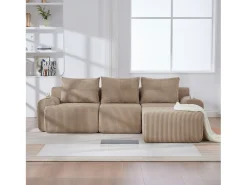 Sofá modular de 3 lugares - 268 x 174 x 80 cm - com 1 pufe + porta-copos + bolso de arrumação - veludo - cáqui