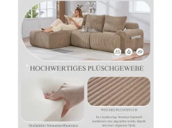 Sofá modular de 3 lugares - 268 x 174 x 80 cm - com 1 pufe + porta-copos + bolso de arrumação - veludo - cáqui