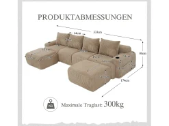 Sofá modular de 4 lugares - 333 x 174 x 80 cm - com 2 pufes + porta-copos + compartimento de arrumação - veludo - cáqui