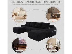 Sofá modular de 4 lugares - 333 x 174 x 80 cm - com 2 pufes + porta-copos + compartimento de arrumação - veludo - preto