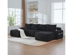 Sofá modular de 4 lugares - 333 x 174 x 80 cm - com 2 pufes + porta-copos + compartimento de arrumação - veludo - preto