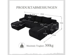 Sofá modular de 4 lugares - 333 x 174 x 80 cm - com 2 pufes + porta-copos + compartimento de arrumação - veludo - preto