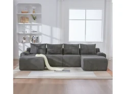 Sofá modular de 4 lugares - 333 x 174 x 80 cm - com 2 pufes + porta-copos + compartimento de arrumação - veludo - cinza escuro