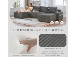 Sofá modular de 4 lugares - 333 x 174 x 80 cm - com 2 pufes + porta-copos + compartimento de arrumação - veludo - cinza escuro