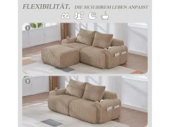 Sofá modular de 2 lugares - 200 x 174 x 80 cm - com 1 pufe + porta-copos + bolso de arrumação - veludo - cáqui