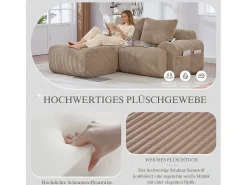 Sofá modular de 2 lugares - 200 x 174 x 80 cm - com 1 pufe + porta-copos + bolso de arrumação - veludo - cáqui