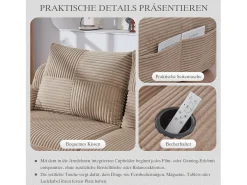 Sofá modular de 2 lugares - 200 x 174 x 80 cm - com 1 pufe + porta-copos + bolso de arrumação - veludo - cáqui