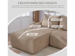 Sofá modular de 2 lugares - 200 x 174 x 80 cm - com 1 pufe + porta-copos + bolso de arrumação - veludo - cáqui