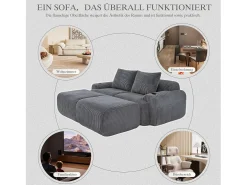 Sofá modular de 2 lugares - 200 x 174 x 80 cm - com 2 pufes + porta-copos + compartimento de arrumação - veludo - cinza escuro