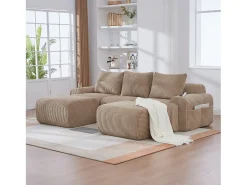 Sofá modular de 3 lugares - 268 x 174 x 80 cm - com 2 pufes + porta-copos + bolso de arrumação - veludo - cáqui