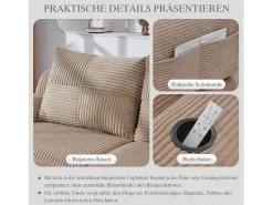 Sofá modular de 3 lugares - 268 x 174 x 80 cm - com 2 pufes + porta-copos + bolso de arrumação - veludo - cáqui