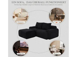 Sofá modular de 2 lugares - 200 x 174 x 80 cm - com 1 pufe + porta-copos + bolso de arrumação - veludo - preto