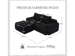 Sofá modular de 2 lugares - 200 x 174 x 80 cm - com 1 pufe + porta-copos + bolso de arrumação - veludo - preto