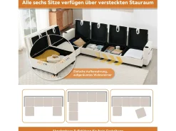 Sofá modular de 6 lugares com arrumação + apoio para os pés removível + portas USB - 280 x 152 x 83 cm - Veludo - bege