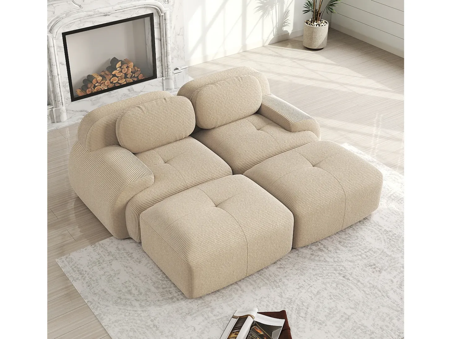 Sofá modular de 2 lugares com chaise longue em veludo cotelê bege.
