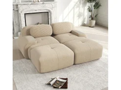 Sofá modular de 2 lugares com chaise longue em veludo cotelê bege.