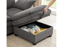 Sofá modular de 6 lugares com arrumação + apoio para os pés removível + portas USB - 280 x 152 x 83 cm - Veludo - cinzento