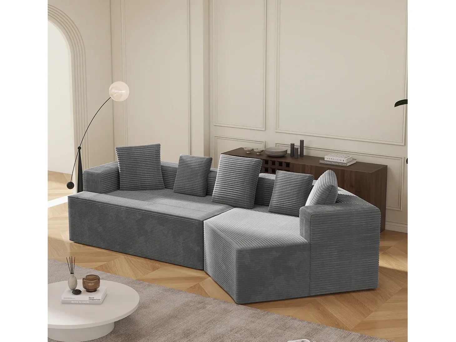 Sofá modular de 3 lugares em bombazine - Não necessita de montagem - Cinza