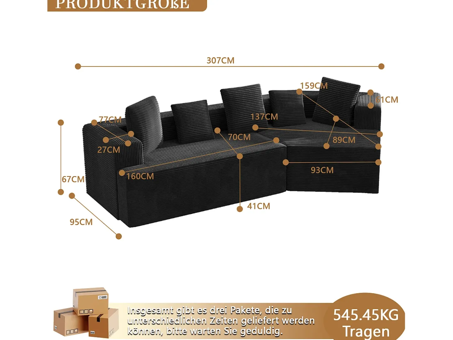 Sofá modular de 3 lugares em bombazine - Não necessita de montagem - Preto