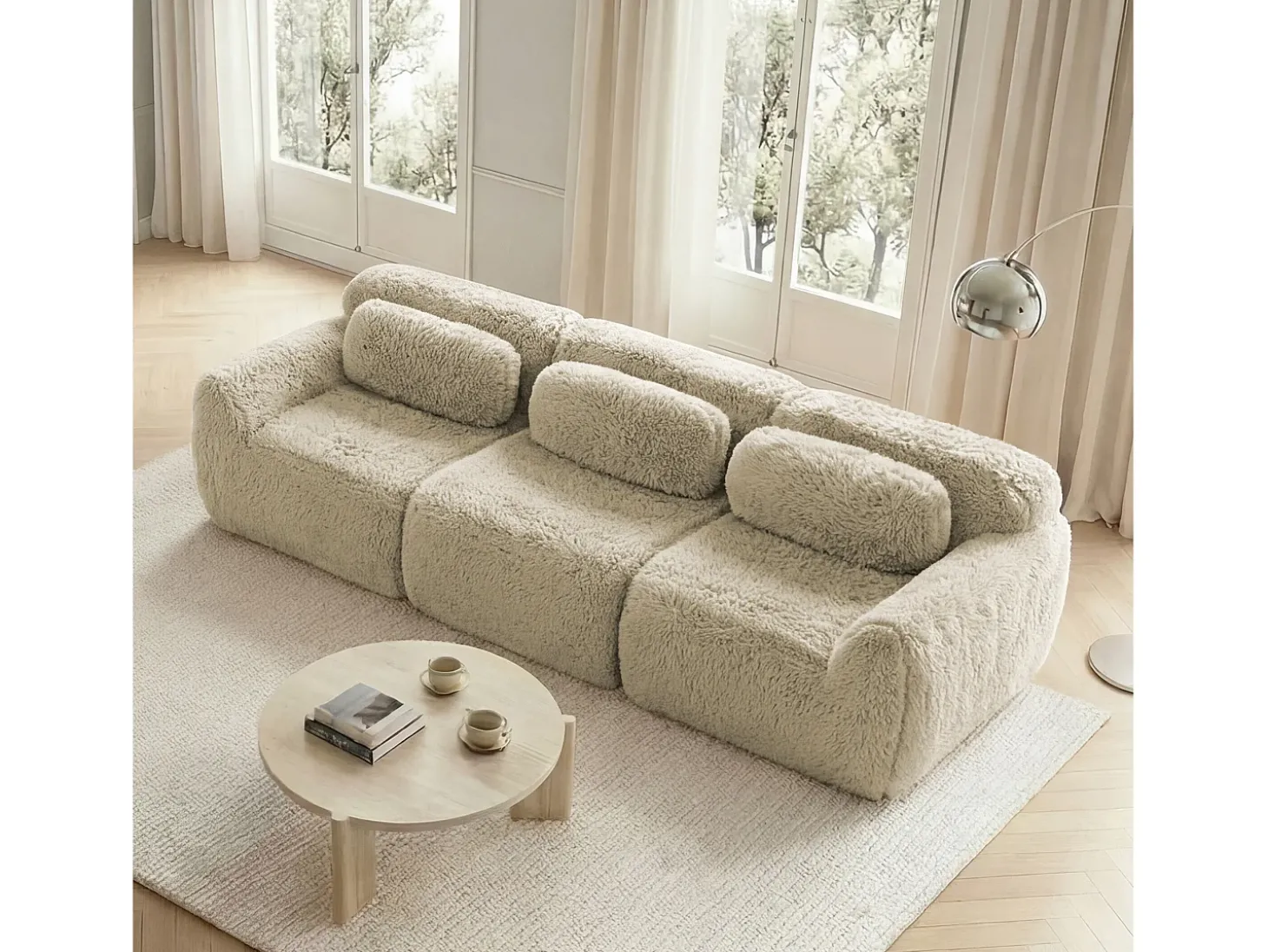 Sofá modular de 3 lugares em tecido macio de alta qualidade com almofadas, sem necessidade de montagem – Cor cáqui claro