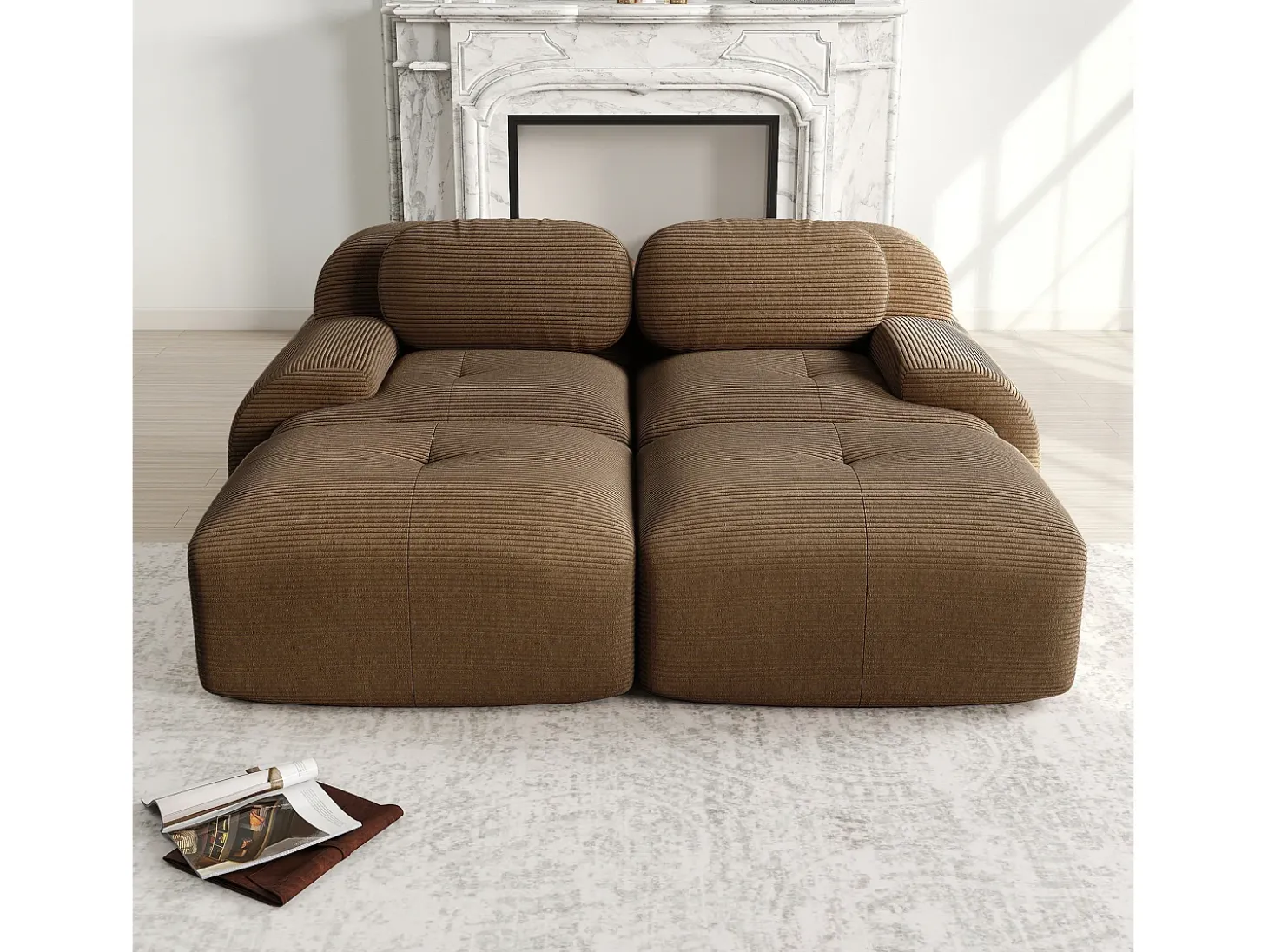 Sofá modular em veludo cotelê - 2 lugares - com 2 almofadas e 2 puffs - fundo antiderrapante - 208x178x70cm - Marrom