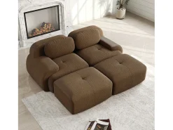 Sofá modular em veludo cotelê - 2 lugares - com 2 almofadas e 2 puffs - fundo antiderrapante - 208x178x70cm - Marrom
