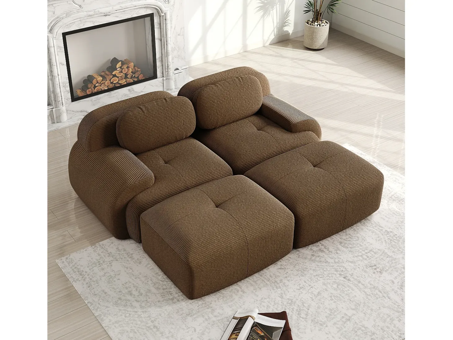 Sofá modular em veludo cotelê - 2 lugares - com 2 almofadas e 2 puffs - fundo antiderrapante - 208x178x70cm - Marrom