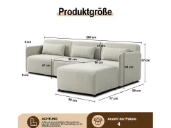 Sofá modular MIA de 3 lugares com pufe em tecido bege