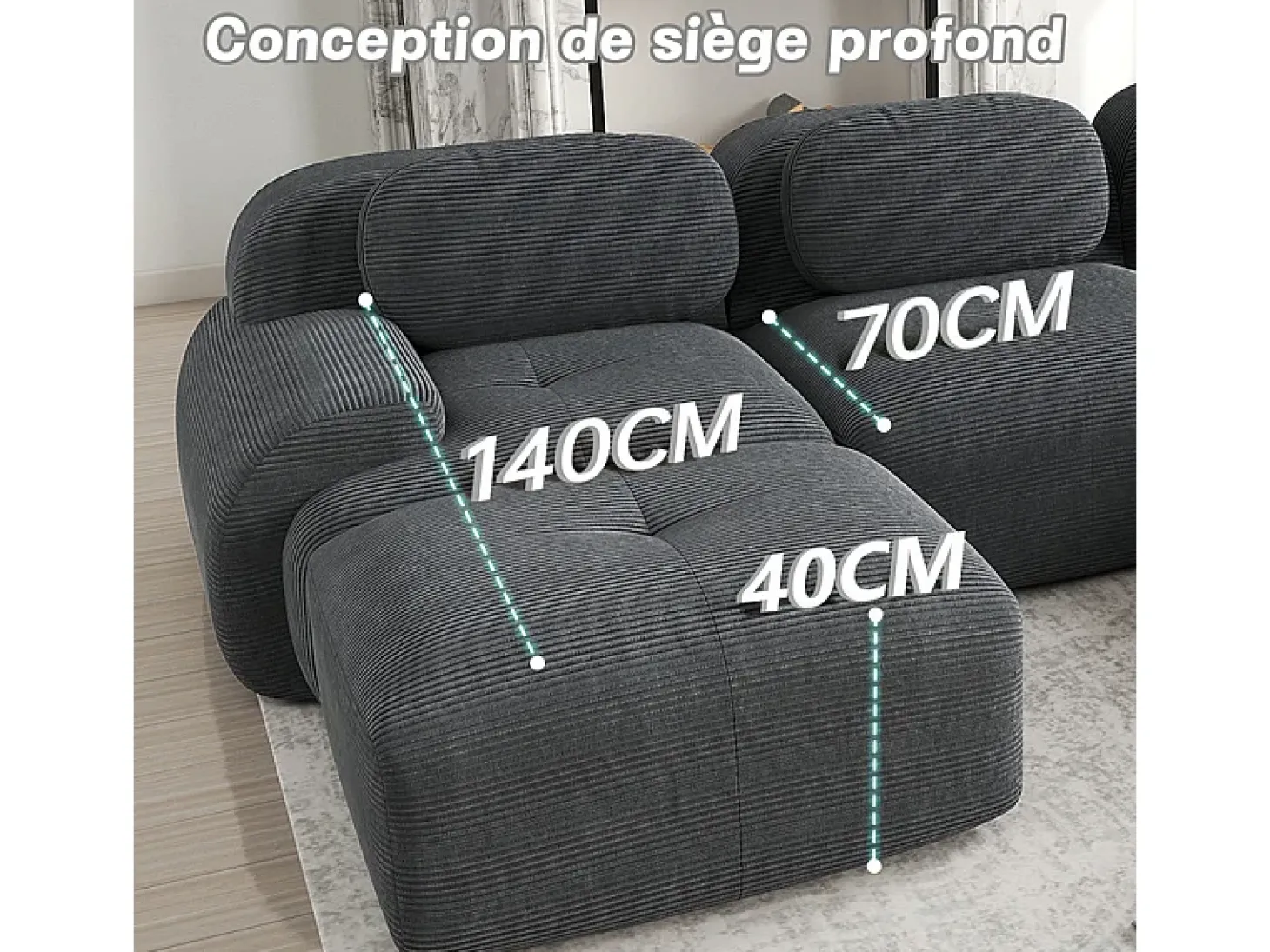 Sofá modular veludo côtelê - 2 lugares - com 2 almofadas e 2 puff - base antiderrapante - 208x178x70cm - Cinza