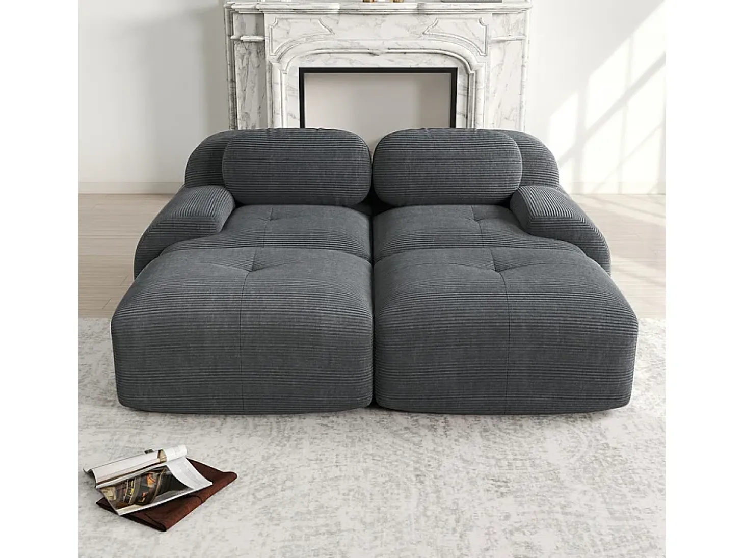 Sofá modular veludo côtelê - 2 lugares - com 2 almofadas e 2 puff - base antiderrapante - 208x178x70cm - Cinza