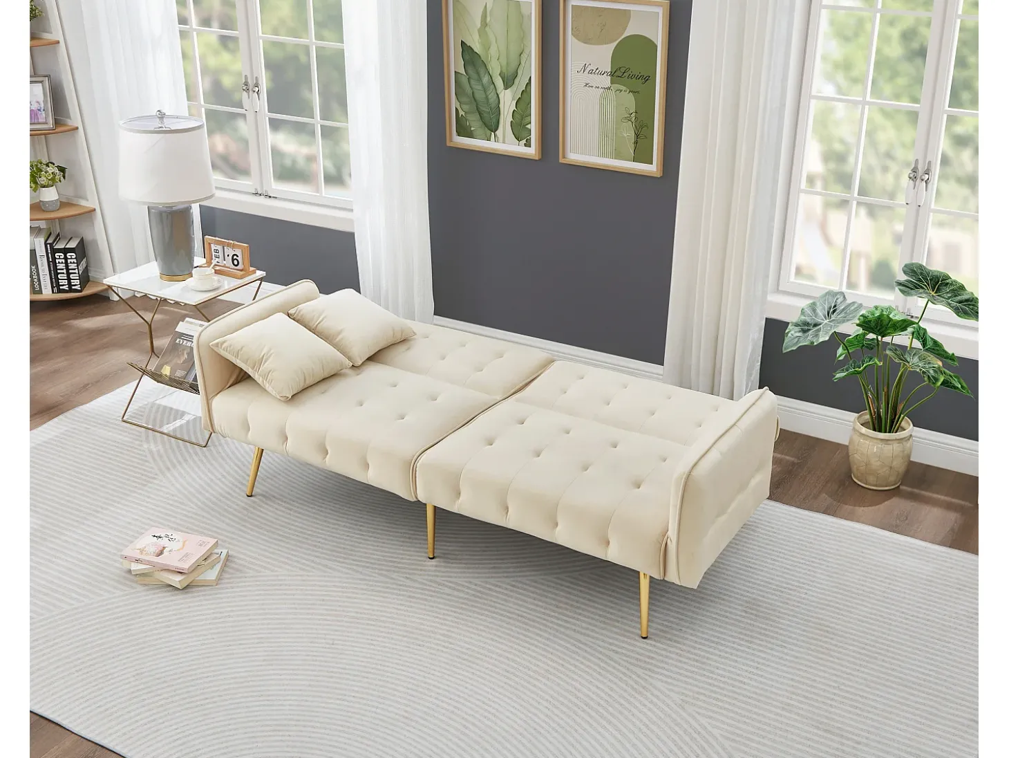 Sofá multifuncional 2 lugares - Encosto ajustável - Braços ajustáveis - Veludo - Bege