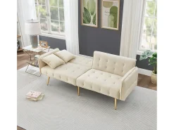 Sofá multifuncional 2 lugares - Encosto ajustável - Braços ajustáveis - Veludo - Bege
