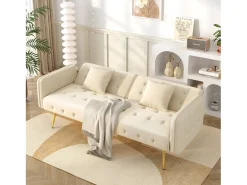 Sofá multifuncional 2 lugares - Encosto ajustável - Braços ajustáveis - Veludo - Bege