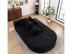 Sofá panorâmico modular 5 lugares - de tecido Chenille preto - com 6 almofadas - 263x171x66cm