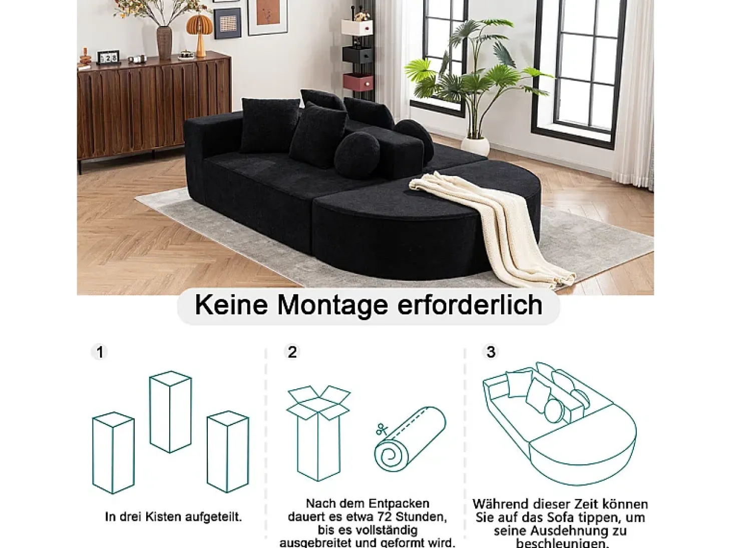 Sofá panorâmico modular 5 lugares - de tecido Chenille preto - com 6 almofadas - 263x171x66cm