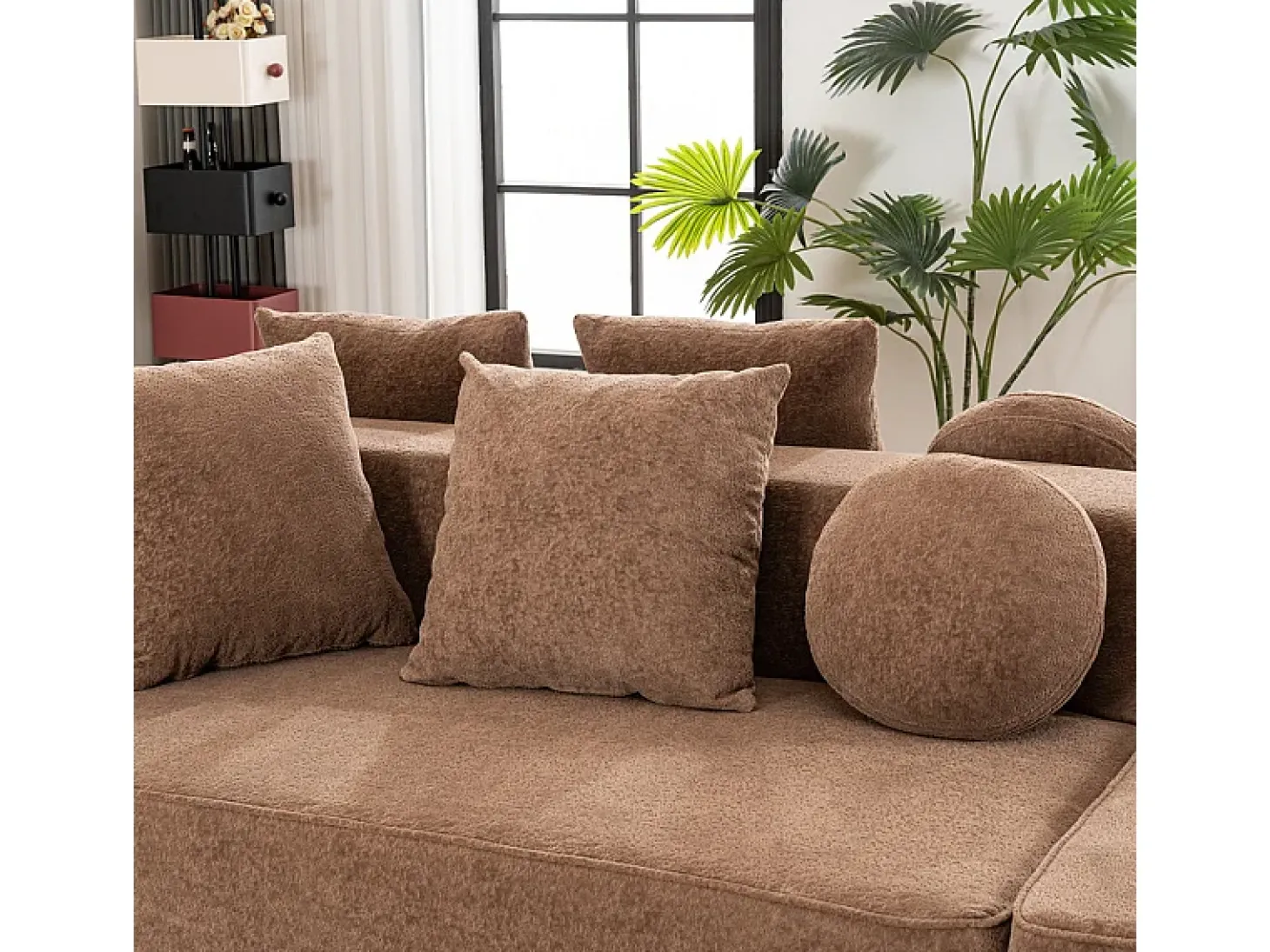Sofá panorâmico modular 5 lugares - de tecido Chenille marrom - com 6 almofadas - 263x171x66cm