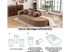 Sofá panorâmico modular 5 lugares - de tecido Chenille marrom - com 6 almofadas - 263x171x66cm