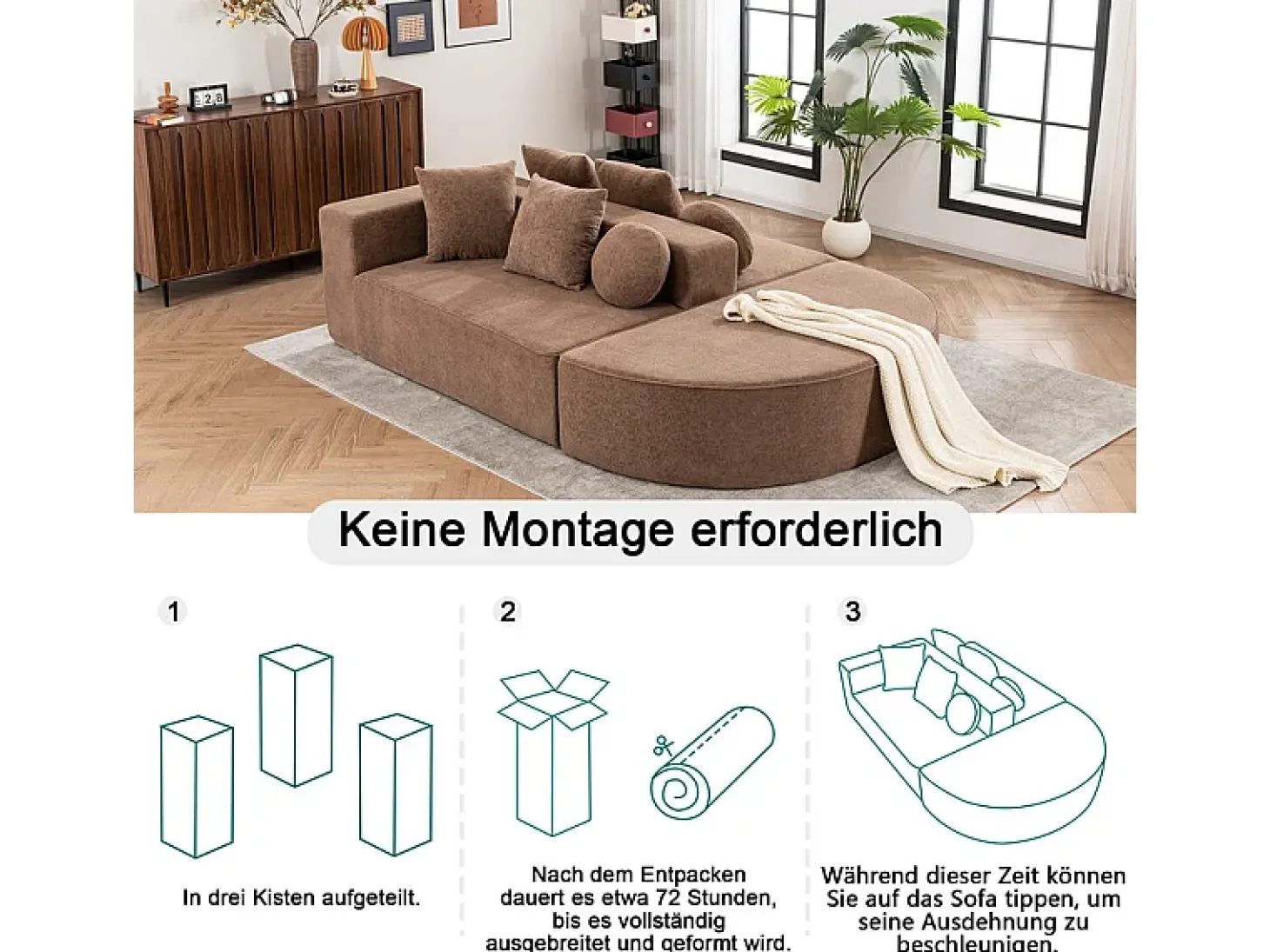 Sofá panorâmico modular 5 lugares - de tecido Chenille marrom - com 6 almofadas - 263x171x66cm
