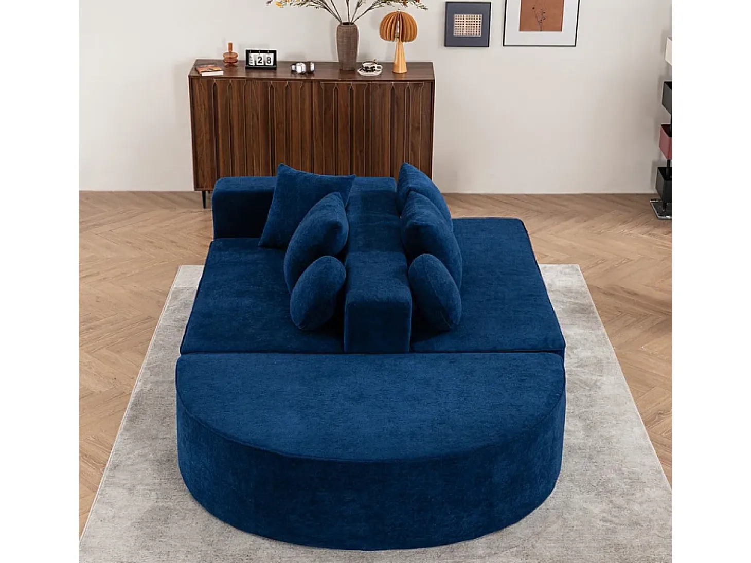 Sofá panorâmico modular 5 lugares - de tecido Chenille azul - com 6 almofadas - 263x171x66cm