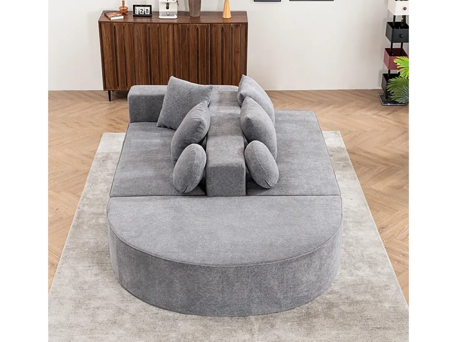Sofá panorâmico modular 5 lugares - de tecido Chenille cinza - com 6 almofadas - 263x171x66cm