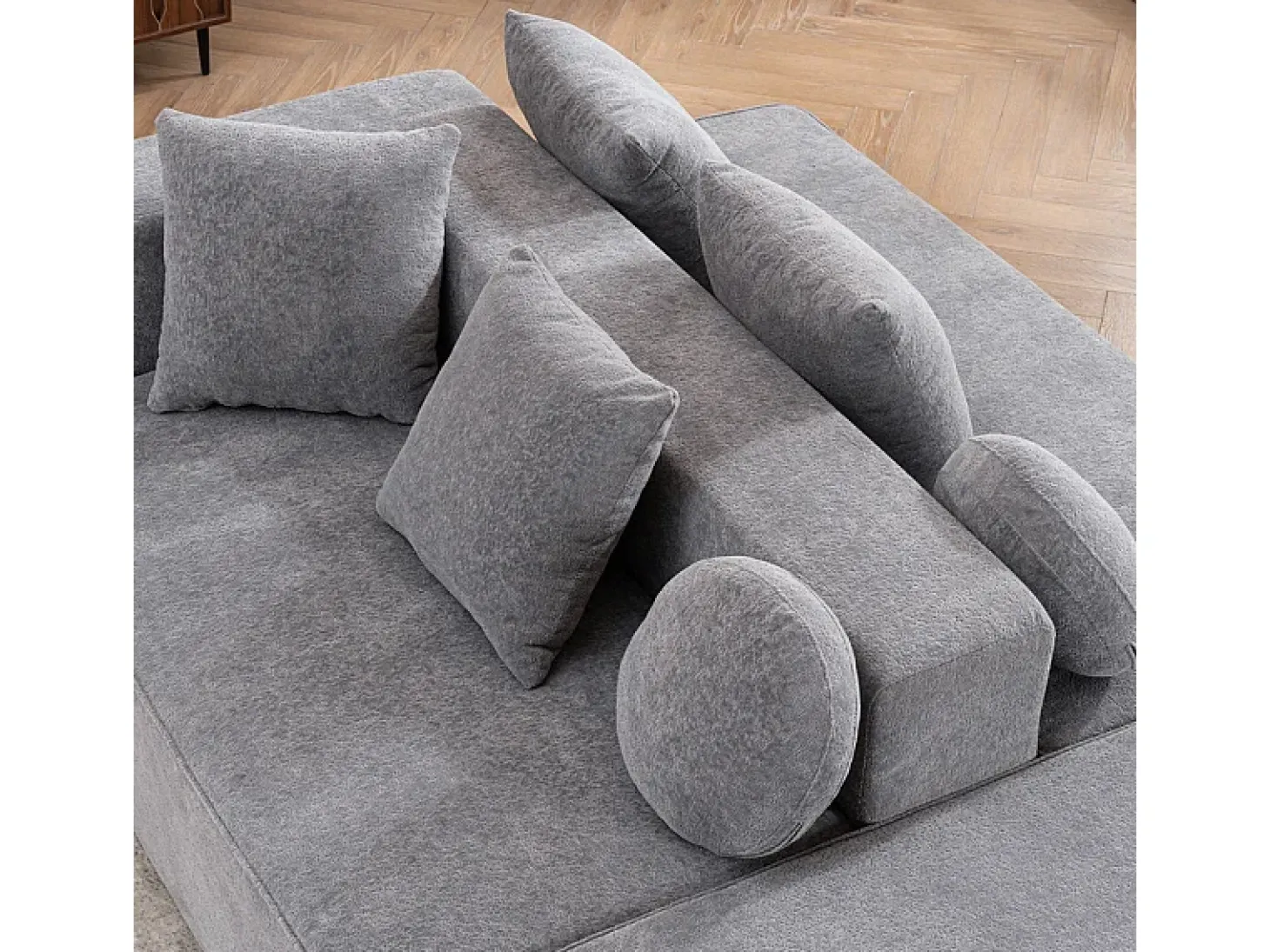 Sofá panorâmico modular 5 lugares - de tecido Chenille cinza - com 6 almofadas - 263x171x66cm