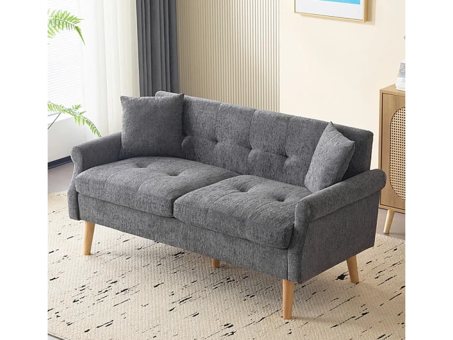 Sofá para 2 pessoas em tecido Chenille cinza - com 2 travesseiros - apoios de braços acolchoados - 20cm pés de madeira maciça -162x74x77cm