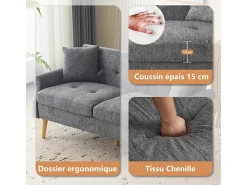 Sofá para 2 pessoas em tecido Chenille cinza - com 2 travesseiros - apoios de braços acolchoados - 20cm pés de madeira maciça -162x74x77cm