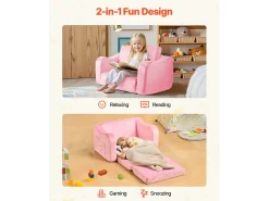Sofá para Crianças SucceBuy 2-em-1 Convertível em Chaise Longue, Sofá-cama Dobrável e Macio, com Apoios de Braço, em Esponja 28D e Pelo Curto, Rosa, M