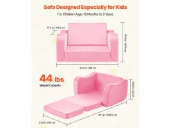 Sofá para Crianças SucceBuy 2-em-1 Convertível em Chaise Longue, Sofá-cama Dobrável e Macio, com Apoios de Braço, em Esponja 28D e Pelo Curto, Rosa, M