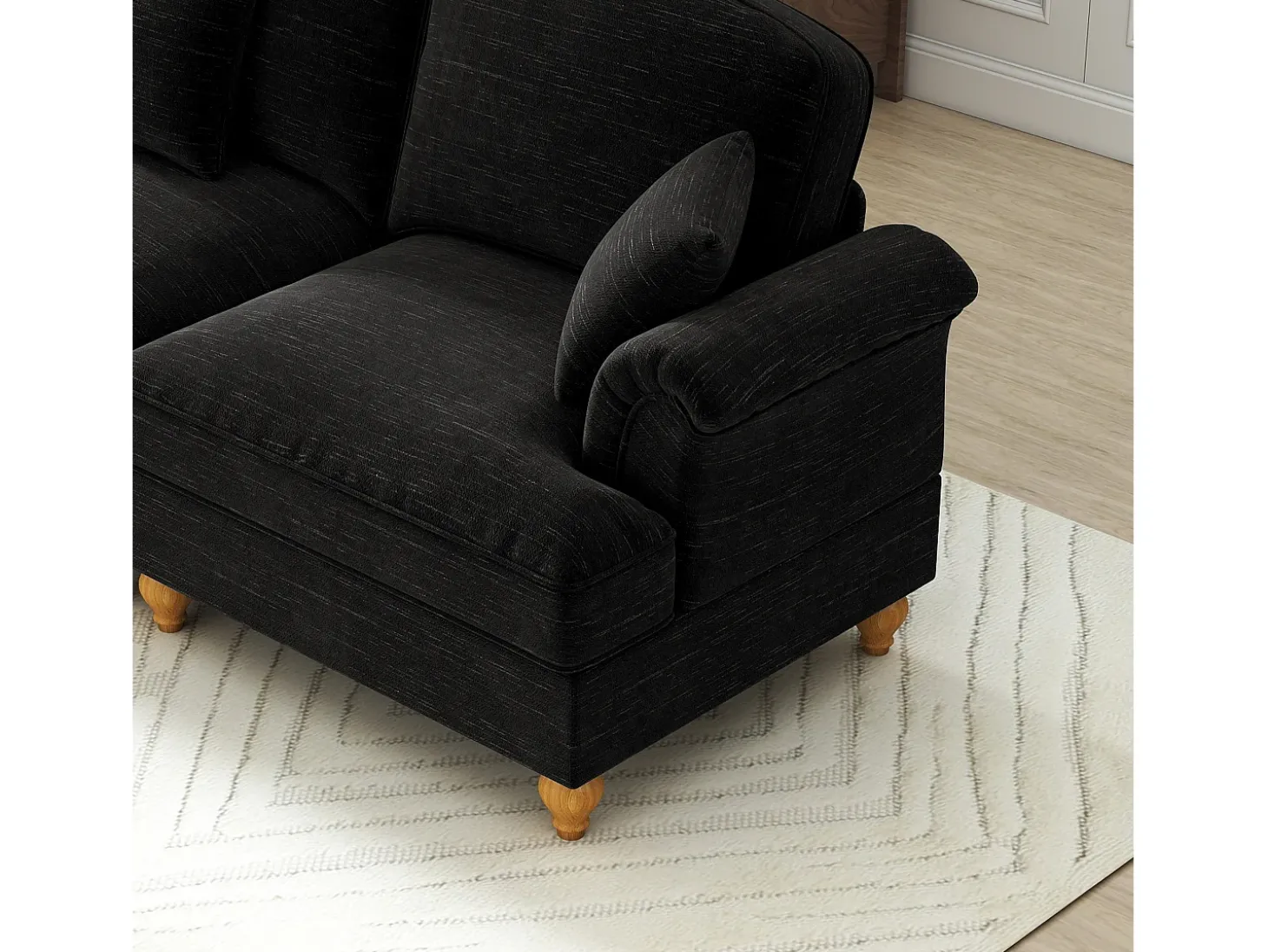 Sofá preto de 3 lugares com apoio lombar - Apoio para os pés móvel - Tecido chenille