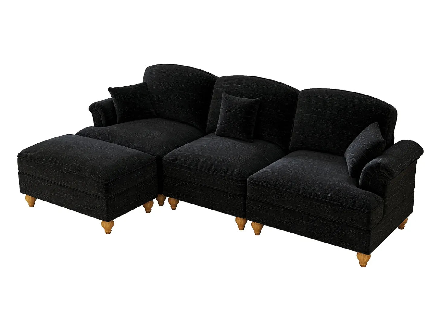 Sofá preto de 3 lugares com apoio lombar - Apoio para os pés móvel - Tecido chenille